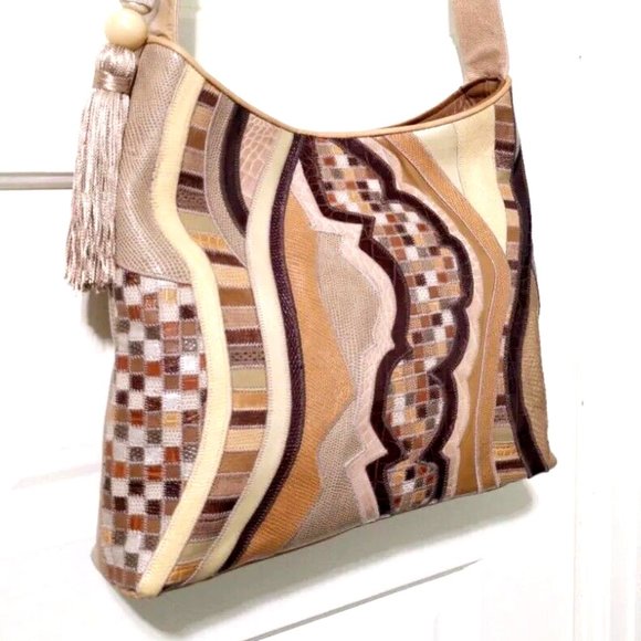 NEW Sharif BOHO WESTERN Beige Brown Patchwork 100% Croc Leather Shoulder Bag - Picture 8 of 14
